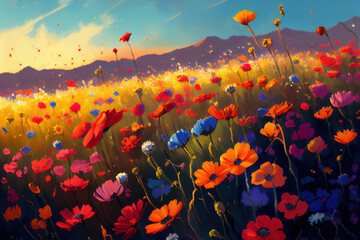 Fototapeta na wymiar Beautiful landscape with wildflowers, Generative AI