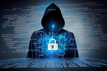 Cyber security concept with lock and hacker illustration, 
Generative AI