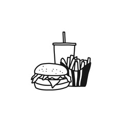 Fast food icons set outline doodle. Hand Drawn Vector Illustration