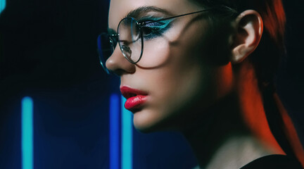 Retro look. Eyewear fashion. 2000s beauty. Blue color neon light closeup profile portrait of...