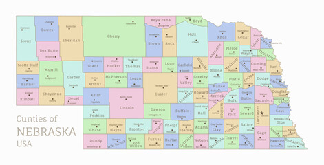 Counties of Nebraska, administrative map of USA federal state. Highly detailed color map of American region with territory borders and counties names labeled vector illustration