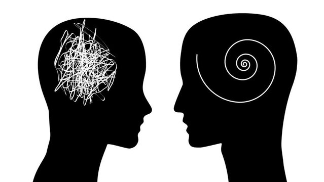 Two silhouettes of heads. Confusion and rationality concept. Animated illustration
