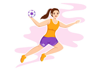 Fototapeta na wymiar Handball Illustration of a Player Touching the Ball with His Hand and Scoring a Goal in a Sports Competition Flat Cartoon Hand Drawing Template