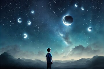 The boy stands among the hanging glowing balls in the form of the moon, fairy tale dream illustration - obrazy, fototapety, plakaty