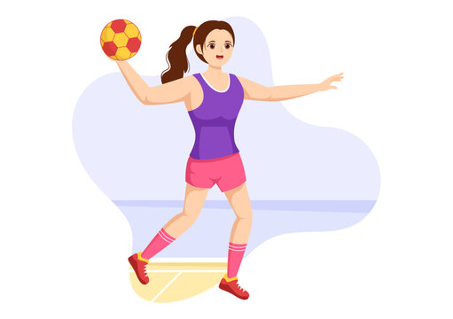 Handball Illustration of a Player Touching the Ball with His Hand and Scoring a Goal in a Sports Competition Flat Cartoon Hand Drawing Template