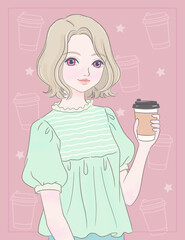Girl holds coffee in one hand, half body close-up