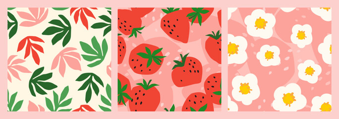Floral seamless patterns with Strawberry. Vector abstract design for paper, cover, fabric, interior decor and other