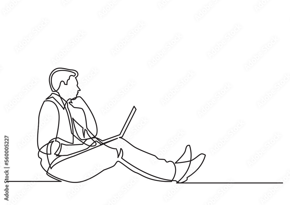 Poster continuous line drawing businessman sitting thinking with laptop computer - png image with transpare