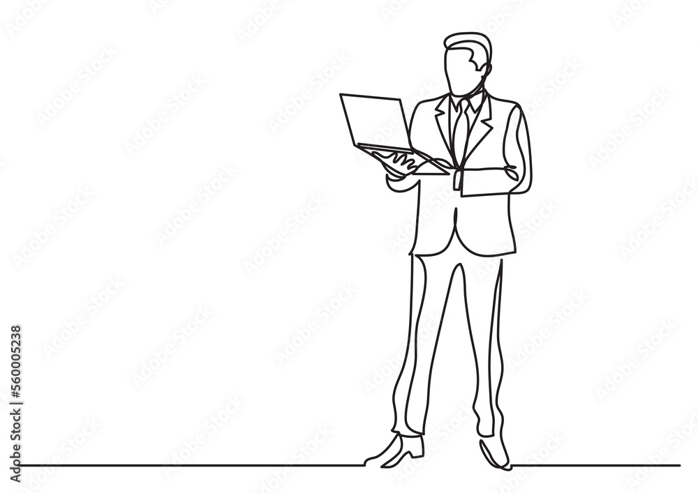 Poster continuous line drawing businessman standing with laptop computer - png image with transparent backg
