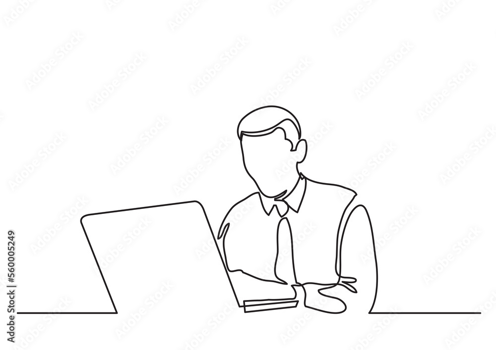 Poster continuous line drawing businessman with laptop - png image with transparent background