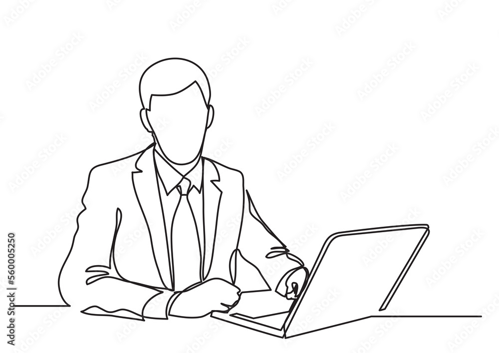 Poster continuous line drawing businessman with laptop computer - png image with transparent background