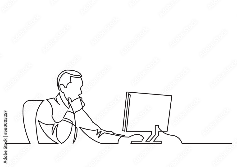 Poster continuous line drawing businessman working behind computer - png image with transparent background