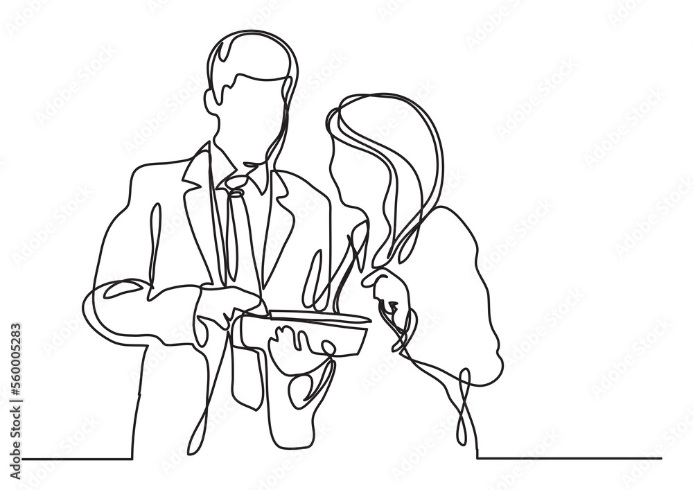 Poster continuous line drawing cowokers discussing - png image with transparent background