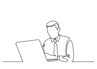 Fototapeta na wymiar continuous line drawing businessman with laptop - PNG image with transparent background