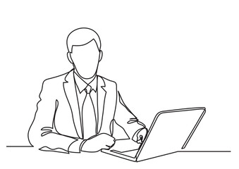 Fototapeta na wymiar continuous line drawing businessman with laptop computer - PNG image with transparent background
