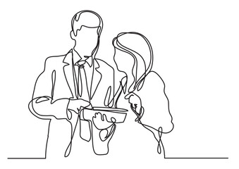 continuous line drawing cowokers discussing - PNG image with transparent background