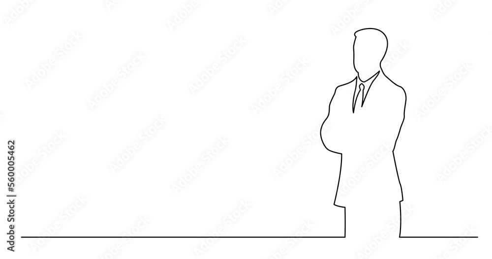 Poster continuous line drawing of standing businessman with copy space - png image with transparent backgro