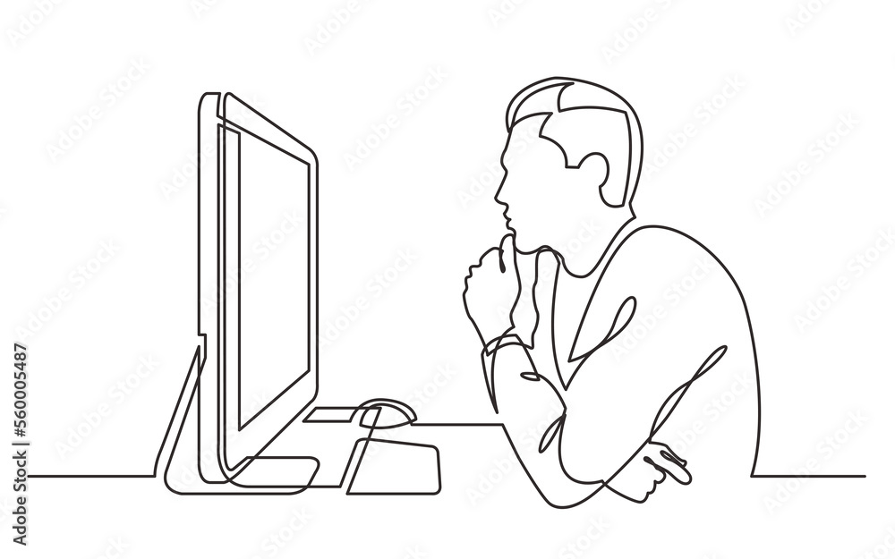 Poster continuous line drawing office worker concentrated behind computer - png image with transparent back