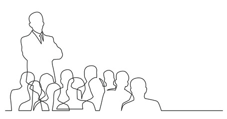 continuous line drawing of business leader standing above group of workers - PNG image with transparent background
