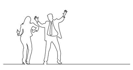 Fototapeta na wymiar continuous line drawing of couple of happy successful business people cheering - PNG image with transparent background