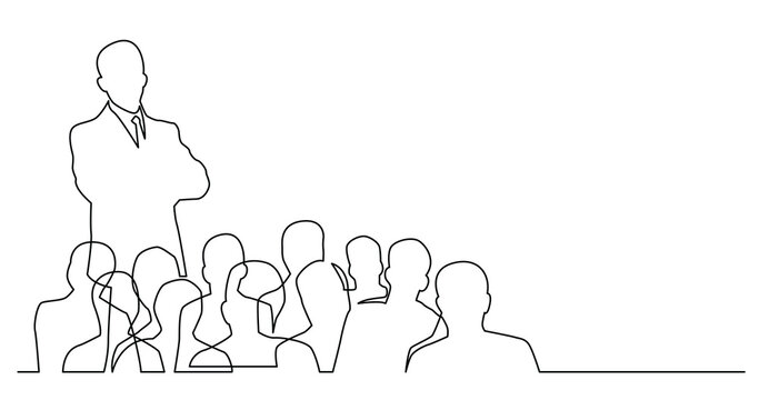 continuous line drawing of business leader standing above group of workers - PNG image with transparent background