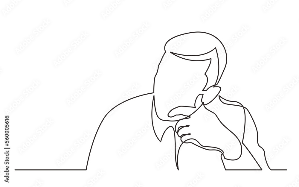 Poster continuous line drawing sitting man in deep thoughts - png image with transparent background