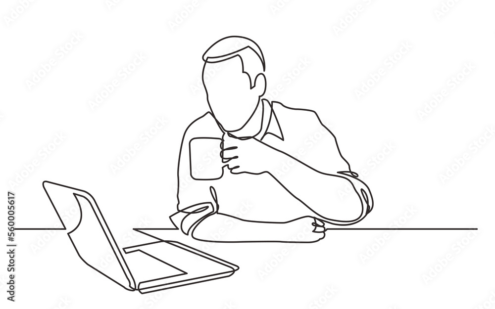 Poster continuous line drawing sitting man watching laptop computer drinking coffee - png image with transp