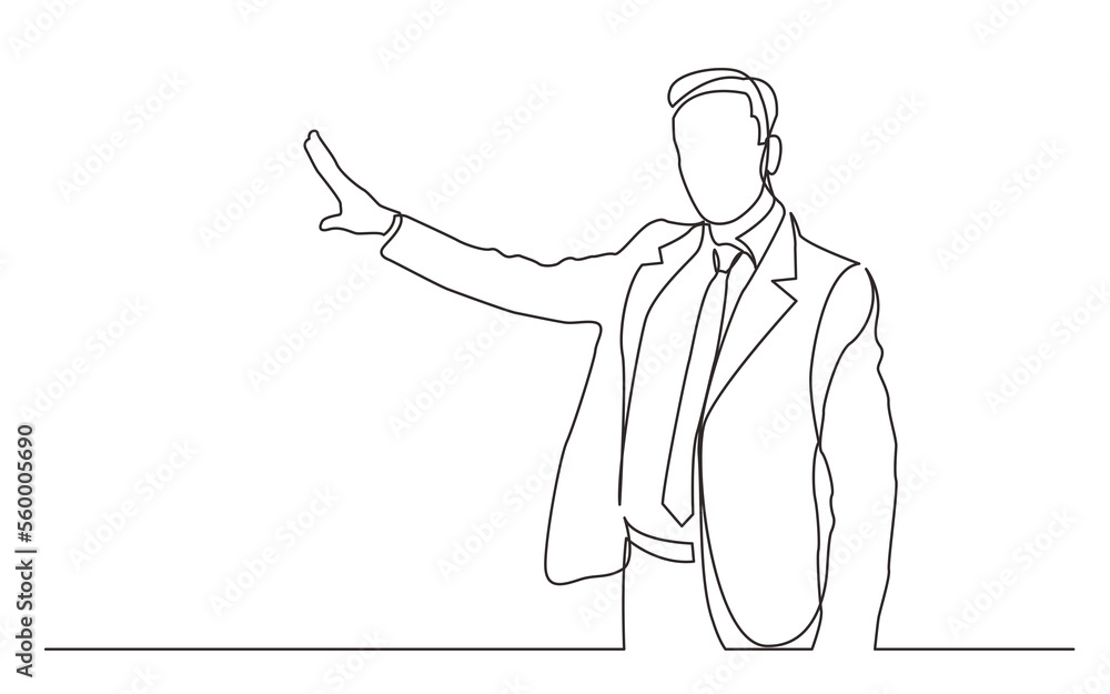 Aufkleber continuous line drawing standing businessman presenter showing at screen - png image with transparen