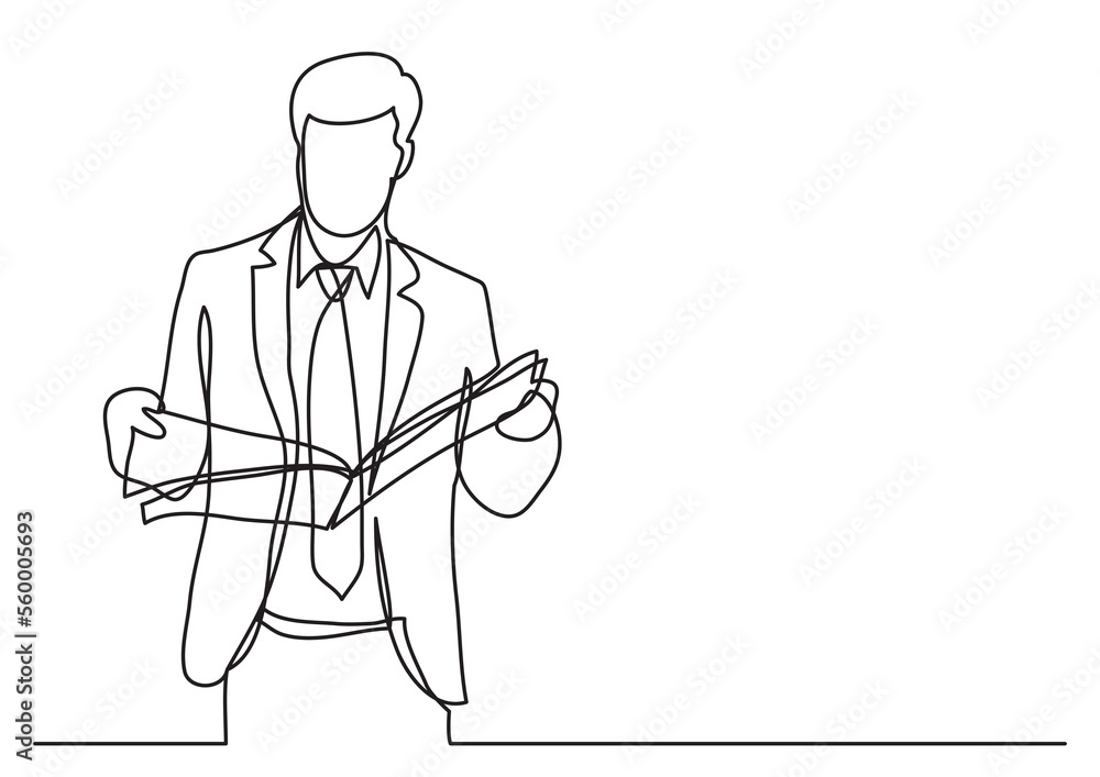 Poster continuous line drawing standing businessman reading newspaper - png image with transparent backgrou