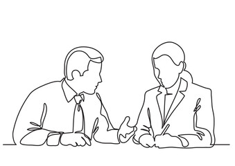 continuous line drawing sitting businessman and business woman discussing work process - PNG image with transparent background