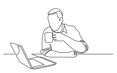 continuous line drawing sitting man watching laptop computer drinking coffee - PNG image with transparent background