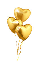 Flying golden heart shaped air balloons. Isolated on white background - obrazy, fototapety, plakaty