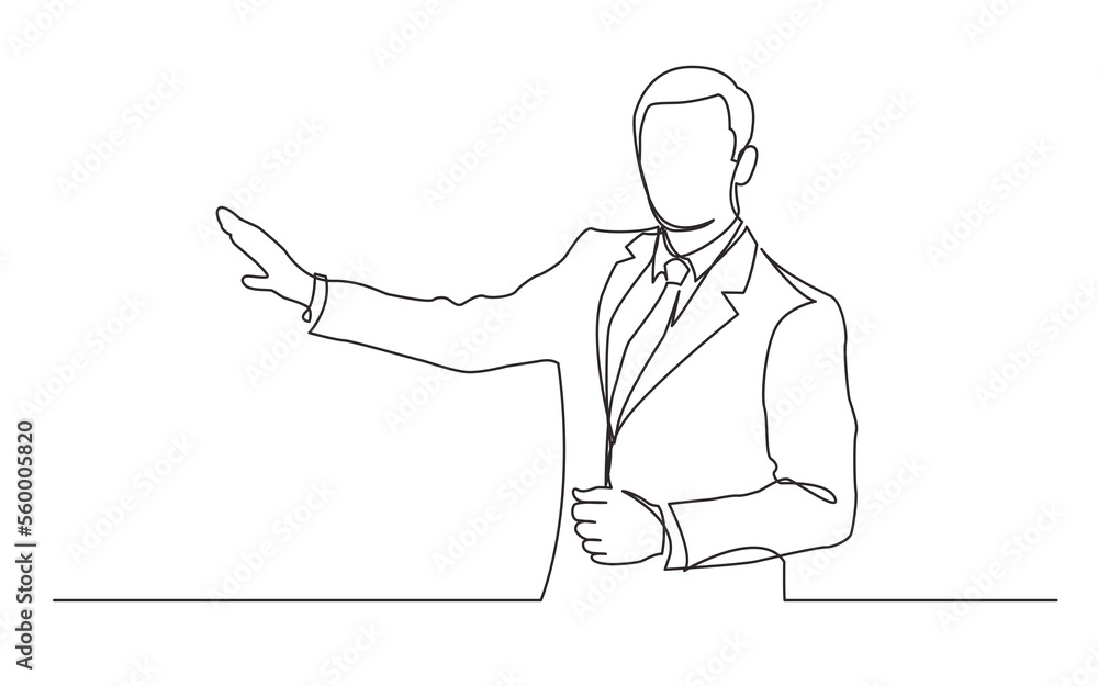 Poster continuous line drawing standing man presenter showing at screen - png image with transparent backgr