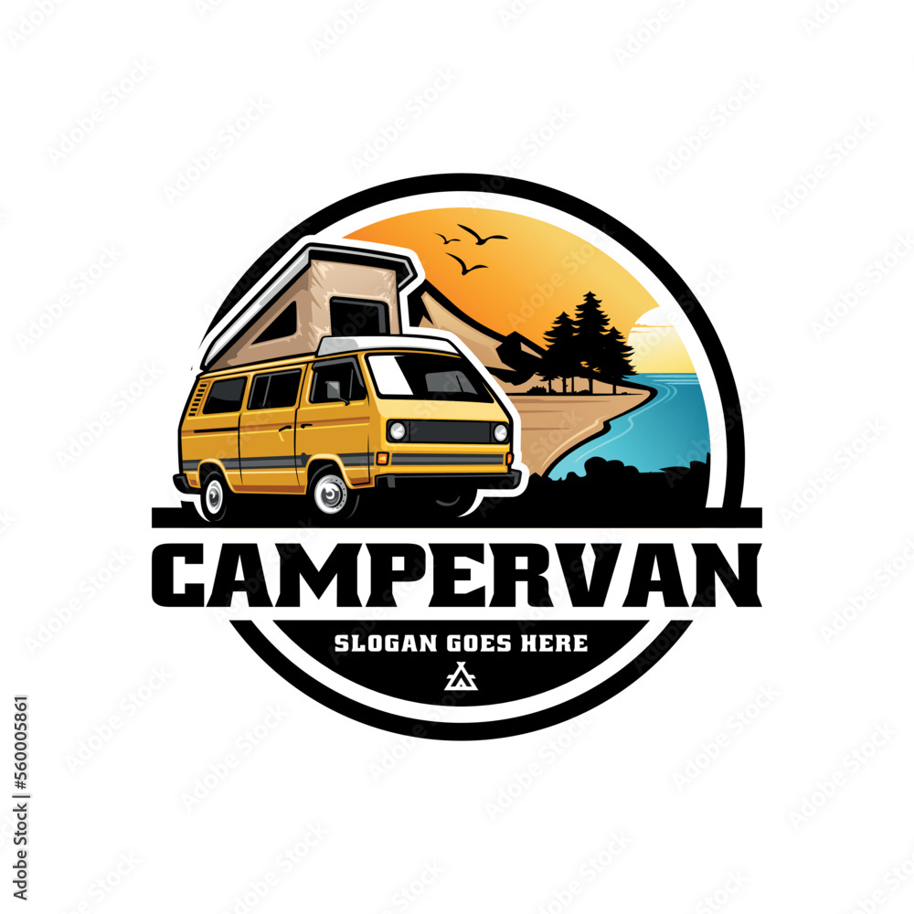 Wall mural camper car with pop up tent illustration logo vector