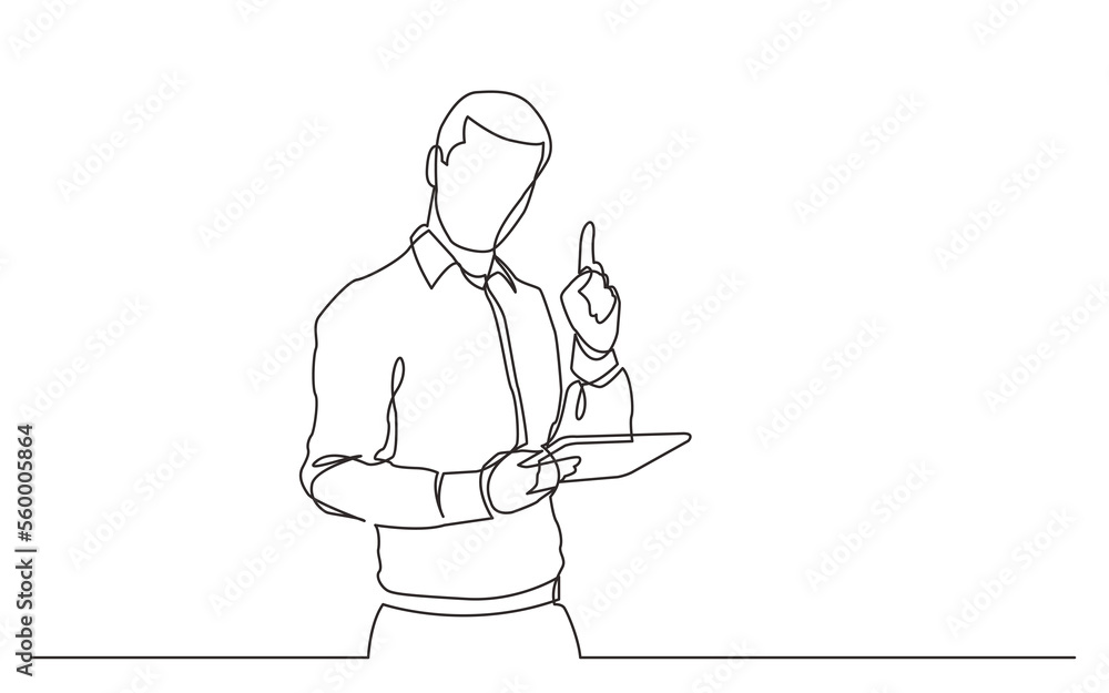 Poster continuous line drawing standing man with tablet pointing finger - png image with transparent backgr