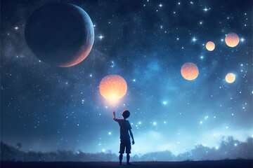 The boy stands among the hanging glowing balls in the form of the moon, fairy tale dream illustration