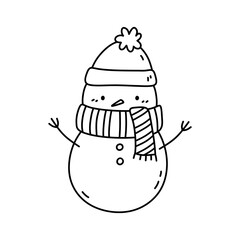 Cute snowman in a hat and scarf isolated on white background. Vector hand-drawn illustration in doodle style. Kawaii character. Perfect for cards, decorations, logo and Christmas designs.