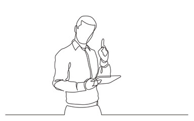 continuous line drawing standing man with tablet pointing finger - PNG image with transparent background