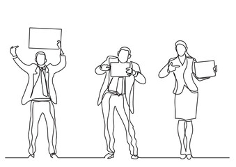 continuous line drawing standing office workers pointing at blank signs - PNG image with transparent background