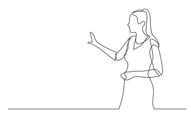 continuous line drawing standing woman presenter showing at screen - PNG image with transparent background
