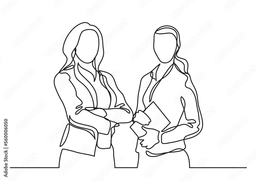 Sticker continuous line drawing two standing business woman - PNG image with transparent background