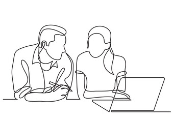 continuous line drawing two coworkers talking - PNG image with transparent background