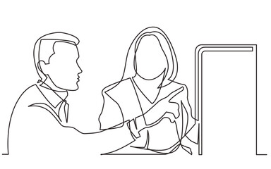 continuous line drawing two office worker discussing showing on display - PNG image with transparent background