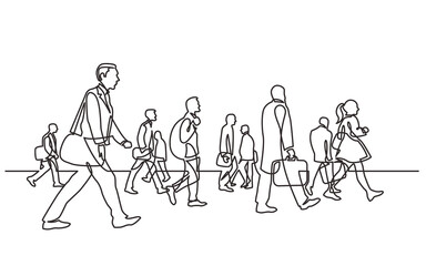 continuous line drawing urban commuters walking on city street - PNG image with transparent background