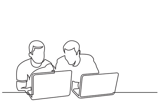 continuous line drawing two men sitting with laptop computers - PNG image with transparent background