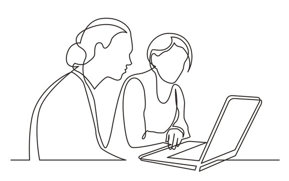 continuous line drawing two women sitting watching laptop computer - PNG image with transparent background