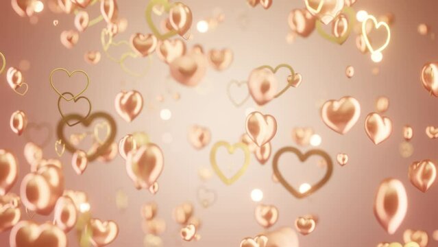 pink gold 3d hearts particles background, float up animation, glitter glow bokeh, depth of field, 4k resolution.