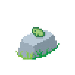 Thoughtful frog sitting on a stone, pixel art meme
