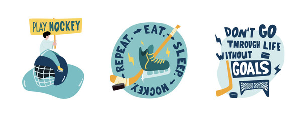 Ice hockey labels set with lettering and quote. Sport label with motto hand drawn