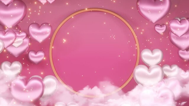 3d gold ring with heart on cloud valentine on pink background. cloud slide animation, hearts particles float up, gold glitter, 4k resolution.